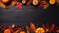Traditional Thanksgiving turkey dinner. Overhead view side border on a dark wood banner background with copy space Royalty Free Stock Photo