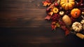 Traditional Thanksgiving turkey dinner. Overhead view side border on a dark wood banner background with copy space Royalty Free Stock Photo