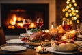 Traditional Thanksgiving turkey dinner. Turkey, mashed potatoes, dressing, pumpkin pie and sides. On wooden table. Royalty Free Stock Photo