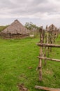 Traditional thatch, clay and wood houses of sheep farmer in highlands of Cameroon, Africa