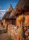 Traditional thatched-roof huts made of clay bricks are lined along a dirt path, with a bundle of wheat hanging on a stone wall, Royalty Free Stock Photo