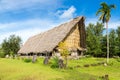 Traditional thatched yapese men`s meeting house faluw or fale and a bank of stone money rai. Yap island, Micronesia, Oceania. Royalty Free Stock Photo