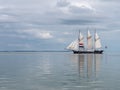 Traditional three-mast clipper sailing on IJsselmeer lake, Netherlands