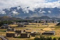 Traditional Tibetan countryside with fields and mountains around Daocheng Royalty Free Stock Photo