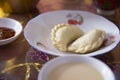 Traditional Tibetan `Momo` dumplings, served in a white plate. Royalty Free Stock Photo