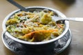 Traditional Tibetan soup thukpa in metal bowl