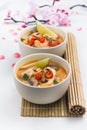 Traditional Tom Yum soup with blooming sakura branch on white stone table Royalty Free Stock Photo