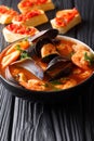 Traditional tomato seafood soup with shrimps, fish fillet and mu