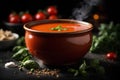 Traditional tomato soup with basil in a bowl on dark background. Commercial promotional food photo