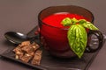 Traditional tomato soup in a cup. Basil, croutons, spices, cutlery Royalty Free Stock Photo