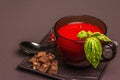 Traditional tomato soup in a cup. Basil, croutons, spices, cutlery Royalty Free Stock Photo