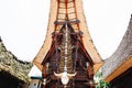 Traditional torajan building tongkonan with a lot of buffalo horns on a facade. Tana Toraja, Palawa, Rantepao, Sulawesi, Indonesia