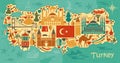 Traditional tourist symbols of Turkey in the form of map Royalty Free Stock Photo