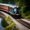 Traditional train on the tracks moving along - ai generated image Royalty Free Stock Photo