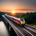 Traditional train on the tracks moving along - ai generated image Royalty Free Stock Photo