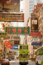 Traditional tram and store signs in a street view Royalty Free Stock Photo