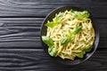 Traditional trofie pasta with green basil pesto and parmesan cheese close-up in a plate. Horizontal top view