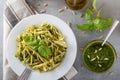 Traditional trofie pasta with pesto sauce on white plate Royalty Free Stock Photo