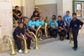 Traditional trumpet band in Serbia resting. Guca Trumpet Festiva