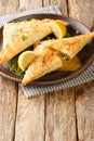 Traditional Tunisian cuisine Brik pastries with tuna and egg srved with lemon close up in the plate. Vertical