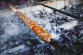 Traditional Turkish Adana Kebab or Kebap on the grill with skewers in the turkish restaurant for dinner. Royalty Free Stock Photo