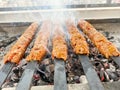 Traditional Turkish Adana  Kebap on the grill with skewers  for dinner Royalty Free Stock Photo