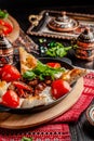 Traditional Turkish, Arabic cuisine. Ali Nazik Kebab. Chopped  lamb with eggplant, yogurt and garlic. Ottoman food. Serving dishes Royalty Free Stock Photo