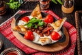 Traditional Turkish, Arabic cuisine. Ali Nazik Kebab. Chopped  lamb with eggplant, yogurt and garlic. Ottoman food Royalty Free Stock Photo