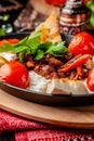 Traditional Turkish, Arabic cuisine. Ali Nazik Kebab. Chopped  lamb with eggplant, yogurt and garlic. Ottoman food Royalty Free Stock Photo