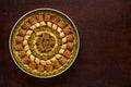 Traditional turkish, arabic sweets baklava assortment with pistachio. Top view, copy space