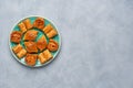 Traditional turkish, arabic sweets baklava assortment with pistachio and walnut . Top view, copy space