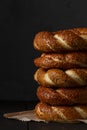 Traditional Turkish bagel simit, breakfast, on a wooden table, rustic, horizontal, no people, Royalty Free Stock Photo