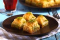 Traditional turkish baklava with tea on a blue background Royalty Free Stock Photo