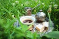 Traditional turkish black coffee with turkish delight Royalty Free Stock Photo