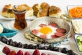 Traditional Turkish Breakfast on white table.