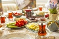 Delicious rich Traditional Turkish breakfast and tea cups. Ramadan Suhoor aka Sahur.