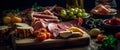 Traditional Turkish breakfast, sliced pastirma, fresh vegetables, cheese and fruits, close-up dish. Useful healthy food with