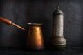Traditional Turkish coffee and concept. Copper coffee pot. Cezve, vintage coffee grinder on a dark background Royalty Free Stock Photo