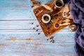 Traditional turkish coffee cup on aged blue wood background and copy space Royalty Free Stock Photo