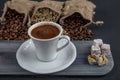 Traditional turkish coffee drink concept. Turkish coffee with glass of water and turkish delights on wooden table Royalty Free Stock Photo