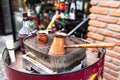 Traditional Turkish coffee pots prepared on hot sand Royalty Free Stock Photo