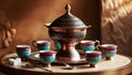 A traditional Turkish coffee set with a copper cezve and small ceramic cups Royalty Free Stock Photo