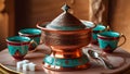 A traditional Turkish coffee set with a copper cezve and small ceramic cups Royalty Free Stock Photo