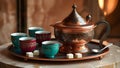 A traditional Turkish coffee set with a copper cezve and small ceramic cups Royalty Free Stock Photo