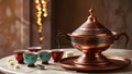 A traditional Turkish coffee set with a copper cezve and small ceramic cups Royalty Free Stock Photo