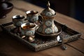 traditional turkish coffee set, with glass cups and wooden tray Royalty Free Stock Photo