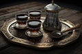 traditional turkish coffee set, with glass cups and wooden tray Royalty Free Stock Photo