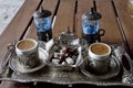 A traditional Turkish coffee set with silver cups on a tray Royalty Free Stock Photo