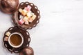 Traditional Turkish coffee and Turkish delight on white shabby wooden background. Top view Royalty Free Stock Photo