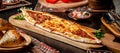 Traditional Turkish cuisine. Turkish pizza Pita with a different stuffing, meat, cheese, slices of veal. Turk Pidesi or Sucuk Pide